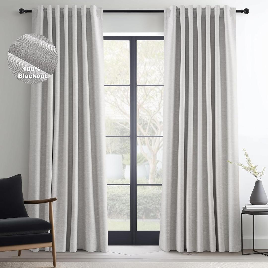 Topfinel Grey Beige Linen Blackout Curtains 84 Inch Long for Bedroom Living Room, Greige Gray Pinch Pleat Back Tab Gothic Moody Viral Drapes Modern Boho Curtains for Window Dining Room 7 FT