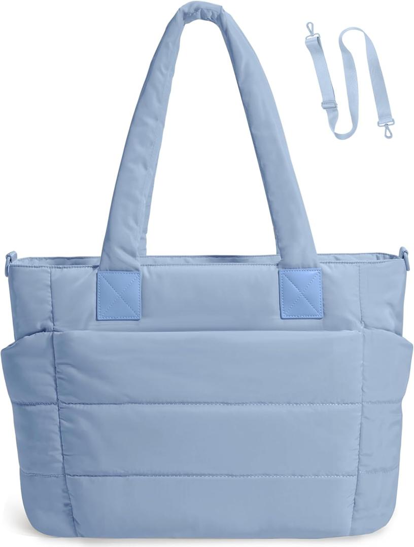 Tote Bag for Women Puffer Tote Bag Large Nurse Bags Shoulder Handbag with Zipper for Work Travel (Ice Blue)