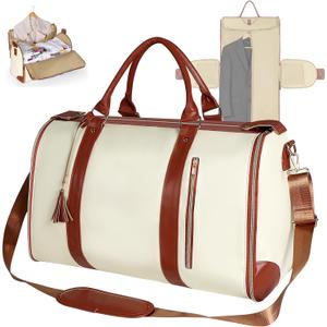 Geestock Garment Bag for Travel, Convertible Carry On Garment Duffle Bags for Women with Shoe Pouch & Detachable Shoulder Strap, Large PU Leather, 2 in 1 Hanging Suitcase Dress Suit Travel Bag, Beige