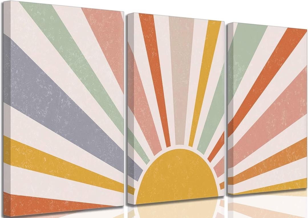 3 Pieces Nursery Boho Canvas Wall Art Rainbow Sun Rising on the Horizon Geometric Nature Illustration Line Pictures Wall Decor Posters Prints for Toddler Kids Room Home Decoration (16x24in)
