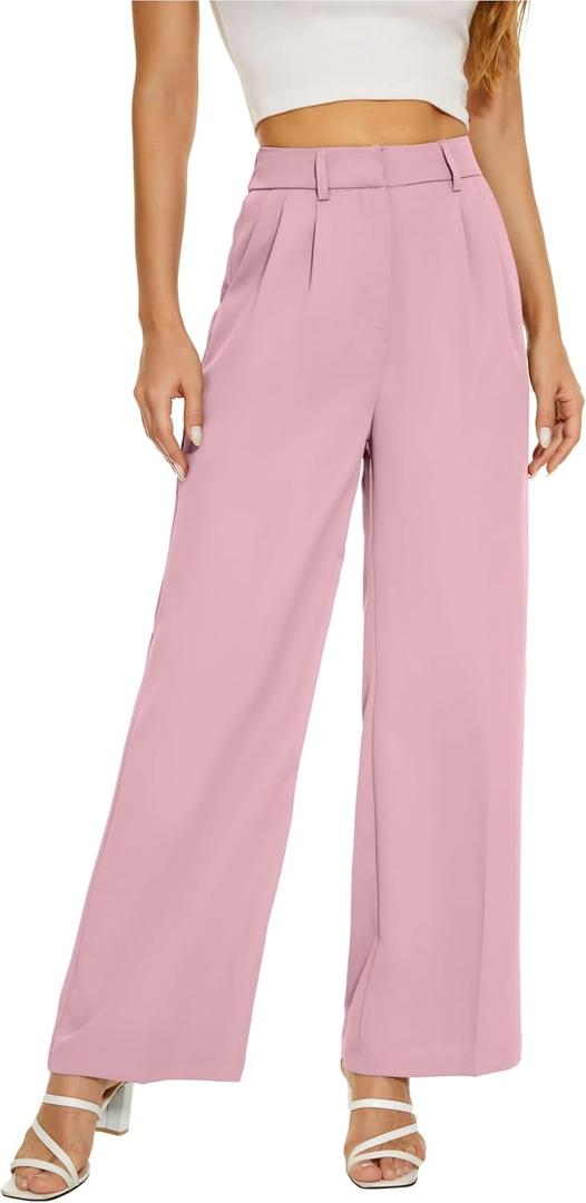 Women Office Wide High Waist Pants Loose Fit Elastic Waist Pleated Front Trousers for Work Casual (Medium Short, Pink)