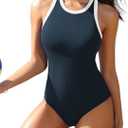 Charmo Women One Piece Swimsuit Zipper Back Ribbed Swimwear Sporty Racerback High Neck Bathing Suit, Small