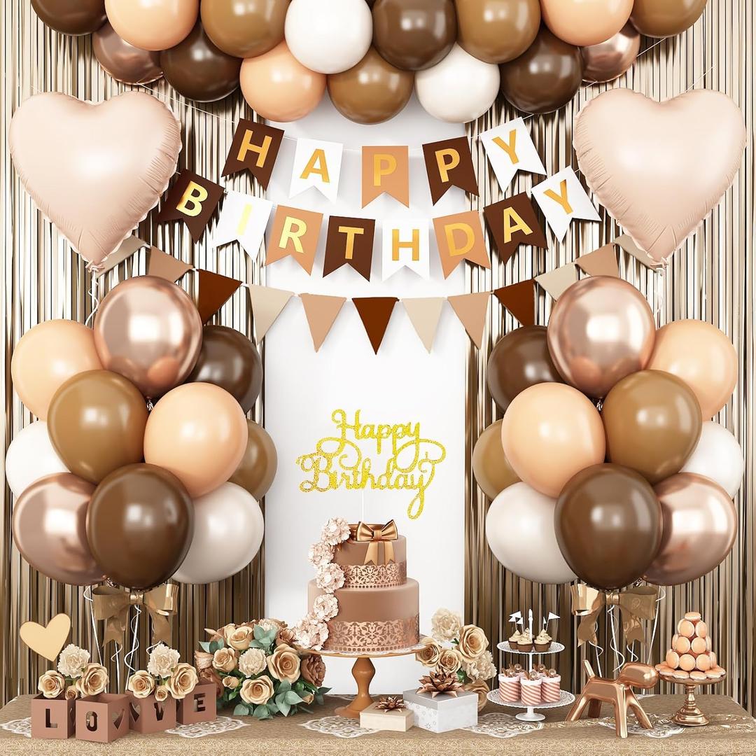 Brown Birthday Decorations,Happy Birthday Banner Beige Cream Neutral Boho Balloons Fringe Curtain Heart Foil Balloons for Women Boys Girls Baby Shower