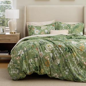 Bedsure Duvet Cover Queen Size - Reversible Green Floral&Bird Duvet Cover Set with Zipper Closure, 3 Pieces Mistletoe Bedding Set with 8 Corner Ties and 2 Pillow Shams 20"x26"