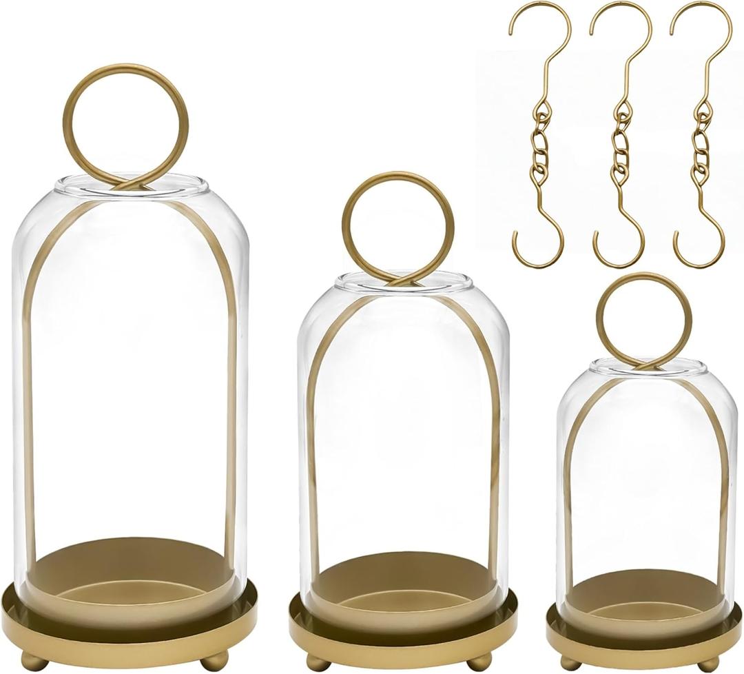 3 Pack Metal Candle Holders with Glass Dome, 5.5" & 4.7" & 3.9" Wide Gold Candlestick Holders Set, Versatile Hurricane Lanterns Candleholders for Pillar Candle, Decorative Glass Display Dome Stands