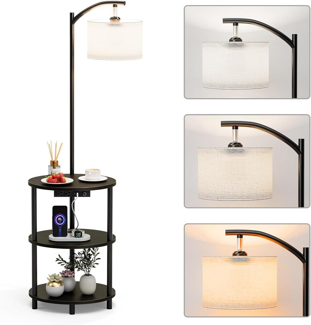 Round Side Table with Lamp and USB Ports, 3-Tier Small End Table for Living Room & Bedroom, Rustic Wood Metal Nightstand for Small Spaces, Easy to Assemble, Charcoal Wenge (1-Pack)