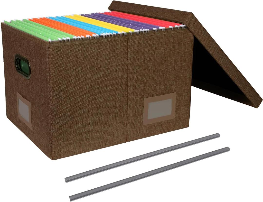 Portable File Organizer Box with Lid, Office Document Storage with Multi-Label Slots, Fits Letter/Legal Size Files, Lightweight and Stackable (Brown, Hanging Files)
