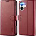 TUCCH Case Wallet for iPhone 17 (6.3") 2025, Stand | RFID Blocking | 4 Card Holders | TPU Shockproof Inner Shell | PU Leather | Magnetic Closure Folio Protective Cover | Dark Red