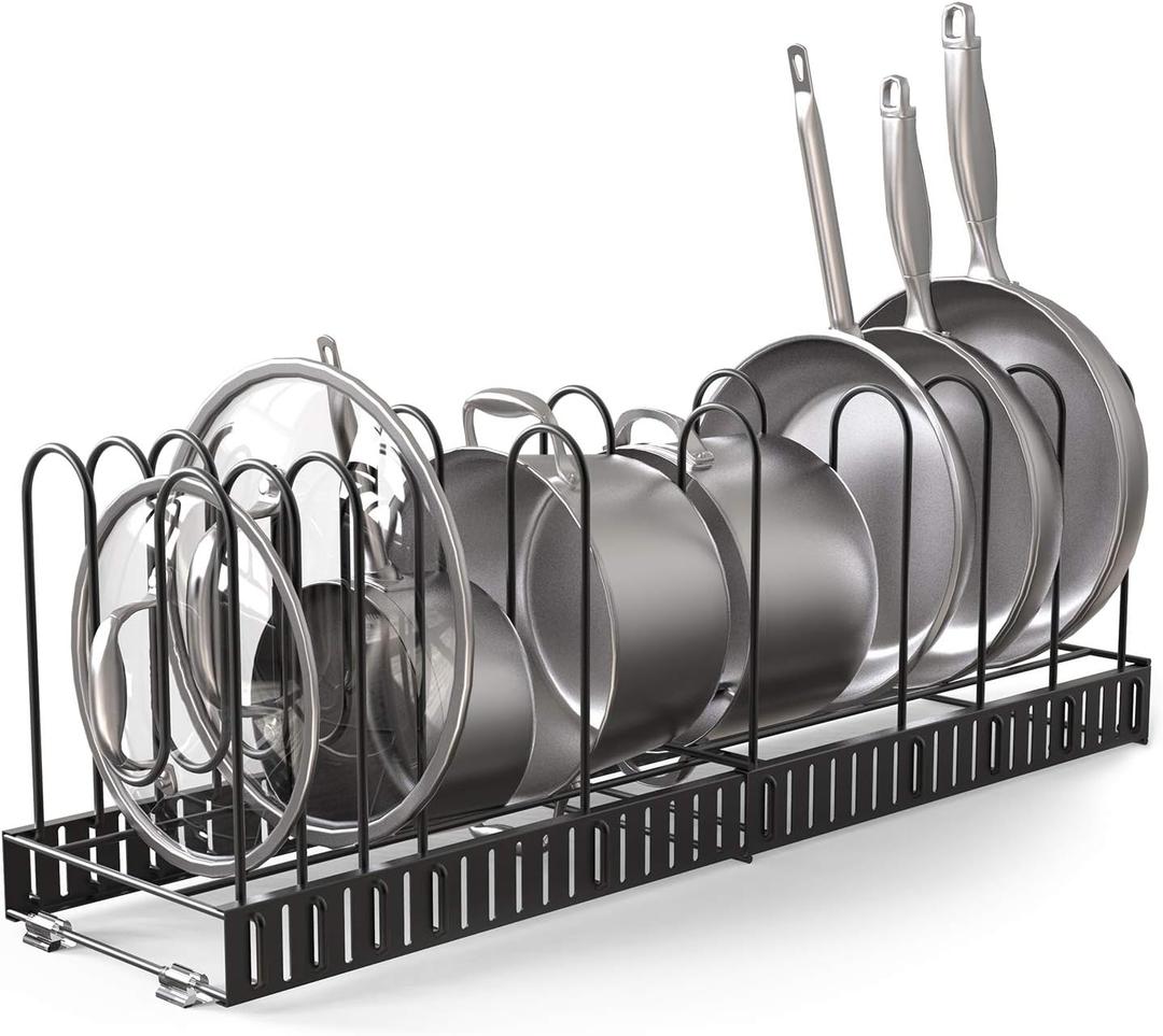 Vdomus Expandable Rack for Cabinets Adjustable Black Pot Rack with 4 DIY Storage Positions - Holds up to 14 Pans, Pots, or Lids - Durable Iron Pot Stacker for Kitchen Organization - 8.5"x 31"x11.5"