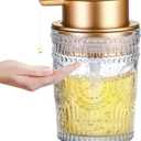 8 Oz Glass Dish Soap Dispenser, Clear Hand Liquid Bottle with Gold Plastic Pump, Refillable Round Dish Lotion Dispensing for Kitchen Sink & Bathroom Counter