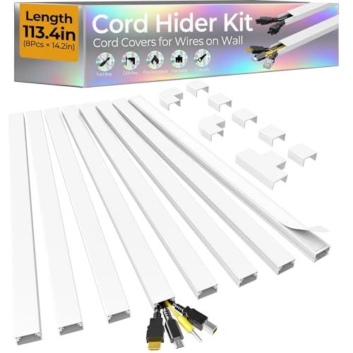 113.4in Cord Hider Kit, Cord Covers for 2-4 Wires on Wall, Self-Adhesive Cable Hider Wire Covers for Cords on Wall, Paintable Cord Hider for Walls Mount Tv, Cable Cover Raceway, W0.95 H0.55in, White