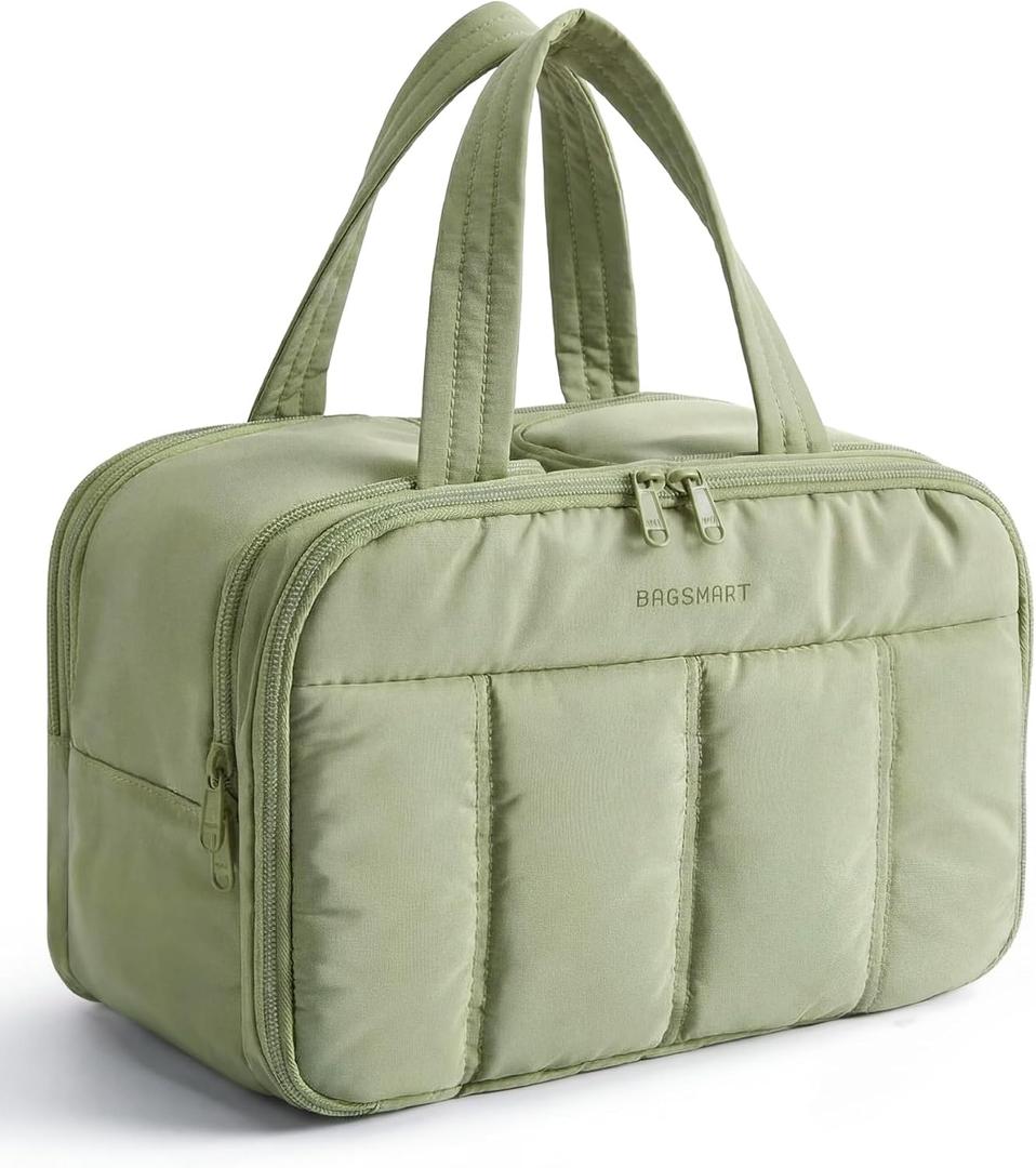 BAGSMART Travel Toiletry Bag, Puffy Large Toiletry Bag for Women, Lightweight Cosmetic Makeup Bag Organizer with Handle for Traveling, Accessories, Essentials, Toiletries (Green)