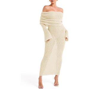 Saodimallsu Womens Off Shoulder Summer Maxi Dress Bell Long Sleeve Sexy Bodycon Strapless Sheer Beach Swimsuit Coverup (Beige)