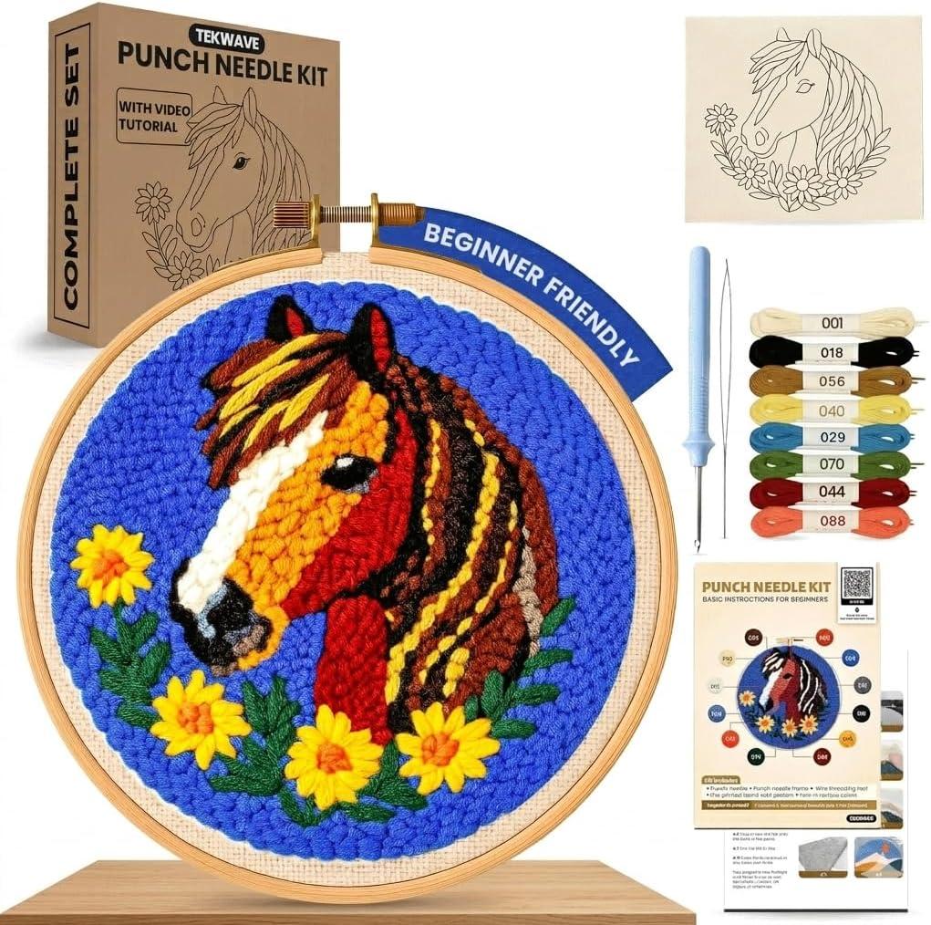 2 x TEKWAVE Punch Needle Kit for Beginners  DIY Embroidery Kit with Yarn, Fabric, Hoop, Needle & Instructions  Fun Craft Kit for Adults Home Decor Gift (1Pack Horse)
