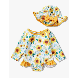SUNNY PIGGY Baby Girls One Piece Swimsuit Long Sleeve Floral Bathing Suit+Hat 2Pcs 12-18 M