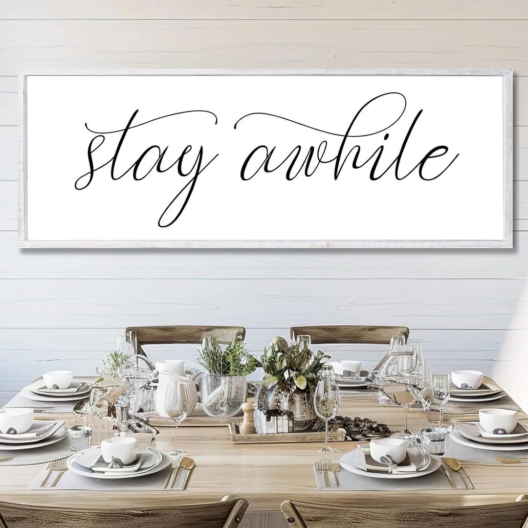 Rutiyoka Stay Awhile Sign Framed Farmhouse Dining Room Wall Decor Large 42"15" Wood Kitchen Wall Art White