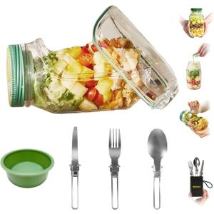 Salad Mason Jar with Dressing Cup Side Opening, Meal Prep Salad Lunch Storage Pod Bowl Containers with Lids