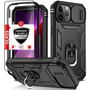 Compatible with iPhone 13 Pro Case with 2 Tempered Glass Screen Protectors,Built-in 360Kickstand Ring with Camera Cover Shockproof Military Grade Drop Heavy Duty Protection Phone Bumper Black