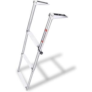 YOUNG MARINE 3 Steps Stainless Steel Drop Down Telescopic and Folding Boat Ladder with White Plastic Footboard,Over Platform Mounting