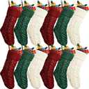 Vinsot 12 Pcs 12 Set Christmas Stockings Christmas Cable Knitted Stockings Decoration for Fireplace Xmas Family Holiday Party (Wine,Ivory,Green) (18 Inch)