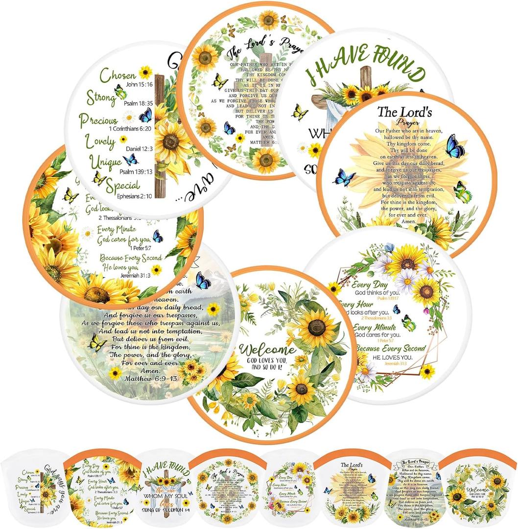 Gejoy 24 Pieces Christian Church Sunflower Foldable Flying Disc Fans Handheld Cooling Fans Multi Role Round Fans for Outdoor Games for Church Women Man Party Favors Decorations Portable, 8 Style