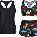 Yonique 3 Piece Athletic Tankini Swimsuits for Women with Shorts Swim Tank Tops with Sports Bra and Boyshorts Bathing Suits (X-Large, Black Colorful Dinosaur)