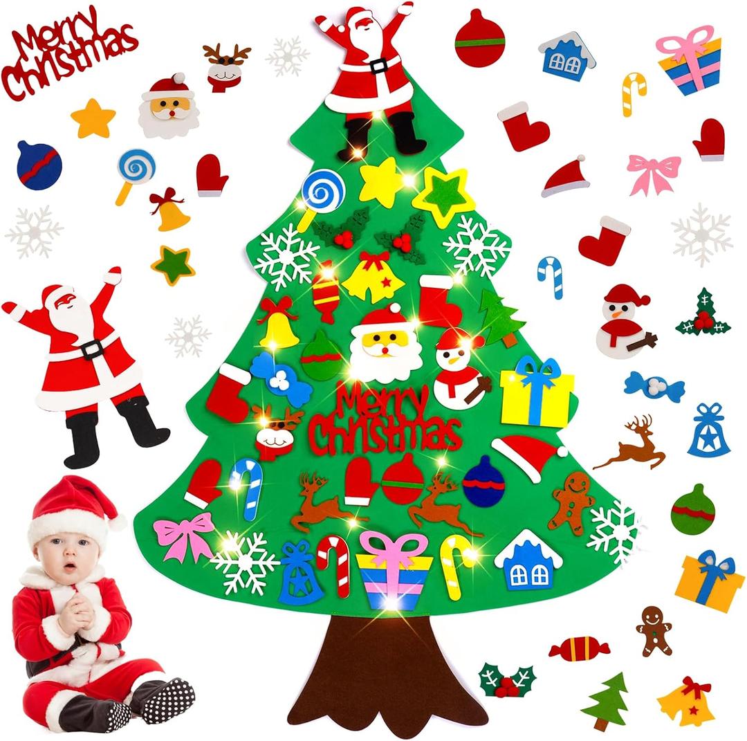 Srkmxzr Felt Christmas Tree for Toddlers, Felt Christmas Tree with Lights 28x40.9 Inch, 38Pcs DIY 3D Wall Hanging Christmas Trees for Toddler Baby Kid Child, Felt Craft Kits for Xmas Party Decor Gift