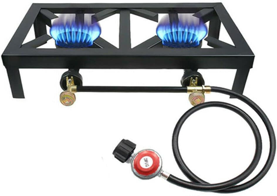 Portable Double Burner Outdoor Gas Stove Propane Cooker with Adjustable 0-20Psi Regulator Hose for Patio Camping, BBQ, Home Brewing, Turkey Fry, Maple Syrup Prep