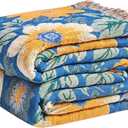 LUTBM Boho Throw Blanket for Couch Sofa Chair Cotton Summer Blankets for Bedroom Living Room All Season Lightweight Reversible Floral Embroidery Throws 50"x60"