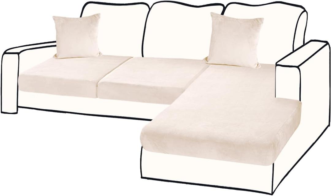 BT.WA Sectional Couch Covers for 3-Piece Seat Cushion Velvet Separate L Shape Couch Cover Stretch Sofa Slipcover with 2 Pieces Pillowcases Furniture Protector (Sofa 2 Seater + 1 Chaise, Beige)
