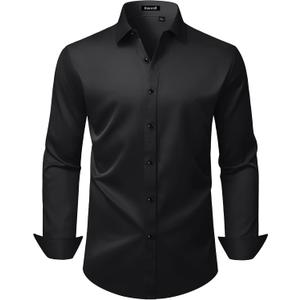 Mens Wrinkle Free Dress Shirts Regular Fit Business Button Down Shirt Formal Long Sleeve Wedding Stretch Shirts (Black, L)