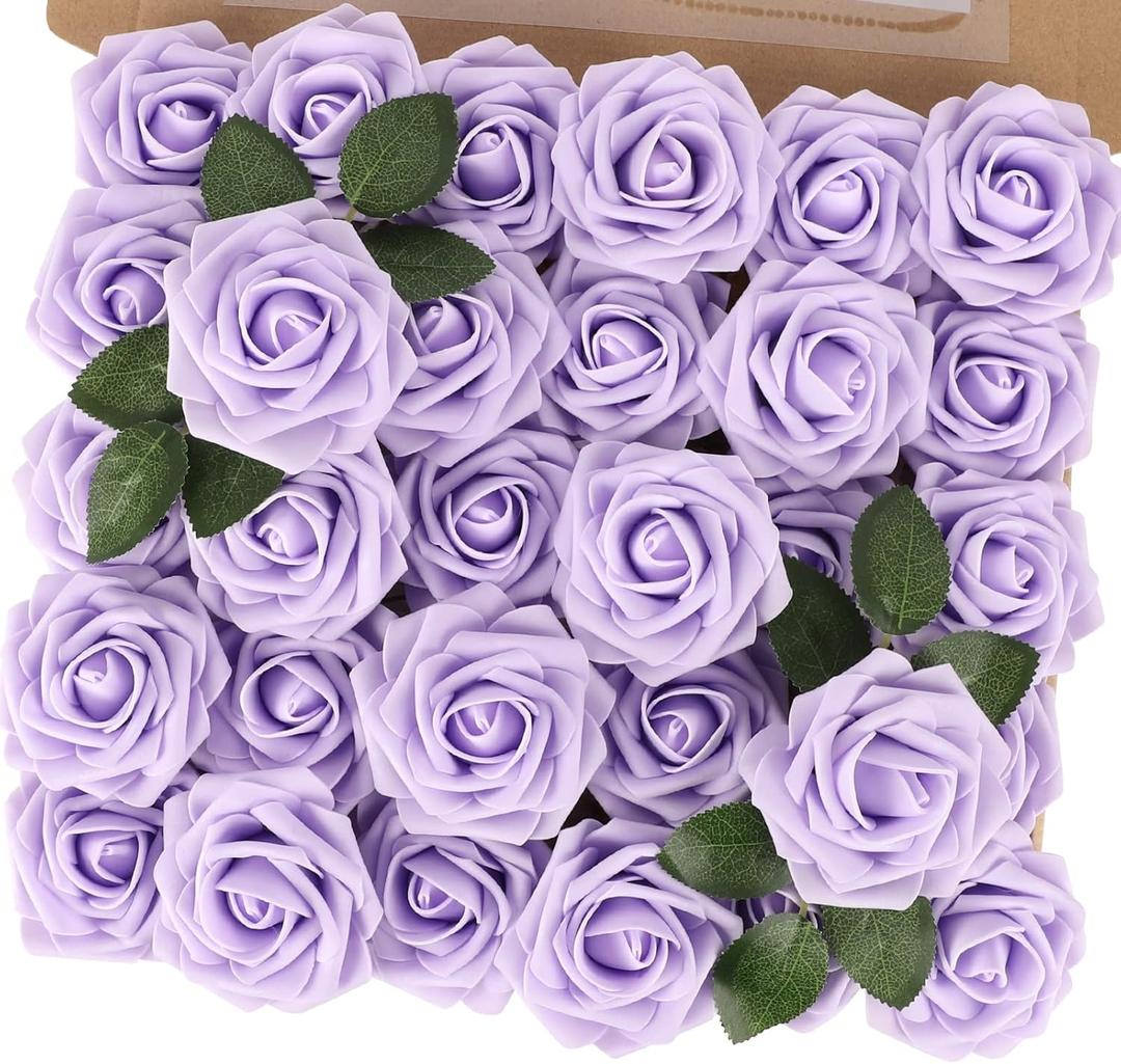 MACTING Artificial Lavender Flowers 30PCS Real Touch Fake Flowers with Stem Soft Foam Roses DIY Wedding Bouquet Boutonniere Table Centerpieces Party Summer Home Decorations