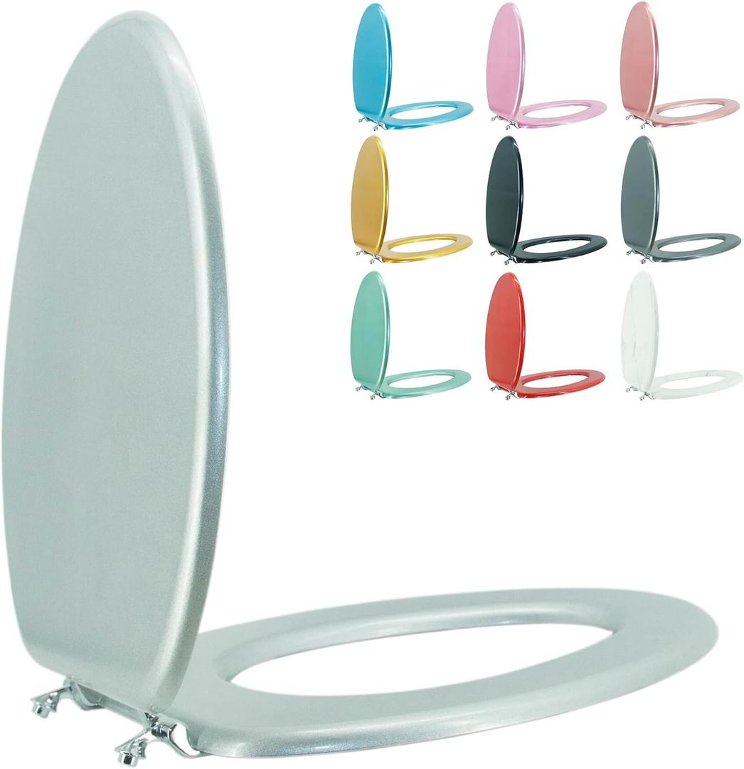 Elongated Toilet Seat Wood Toilet Seat Prevent Shifting with Zinc Alloy Hinges American Standard Size Toilet Seat Easy to Install also Easy to Clean(Elongated,Sparkling Classical Silver)