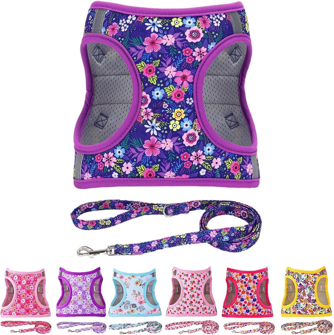 Moonpet Step in Dog Harness Leash Set- All Weather Reflective No-Pull Floral Pattern Padded Mesh Vest Harness for Cats Puppy Extra-Small Small Medium Large Dogs - Dark Flower - S (S:neck 15-18.1, chest 17.7-22.4)