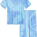 Joyaria Cooling Pajamas for Women Bamboo Viscose Pjs Capri Pants Short Sleeve Sleepwear with Ruffle Trim (Medium, Tie Dye)