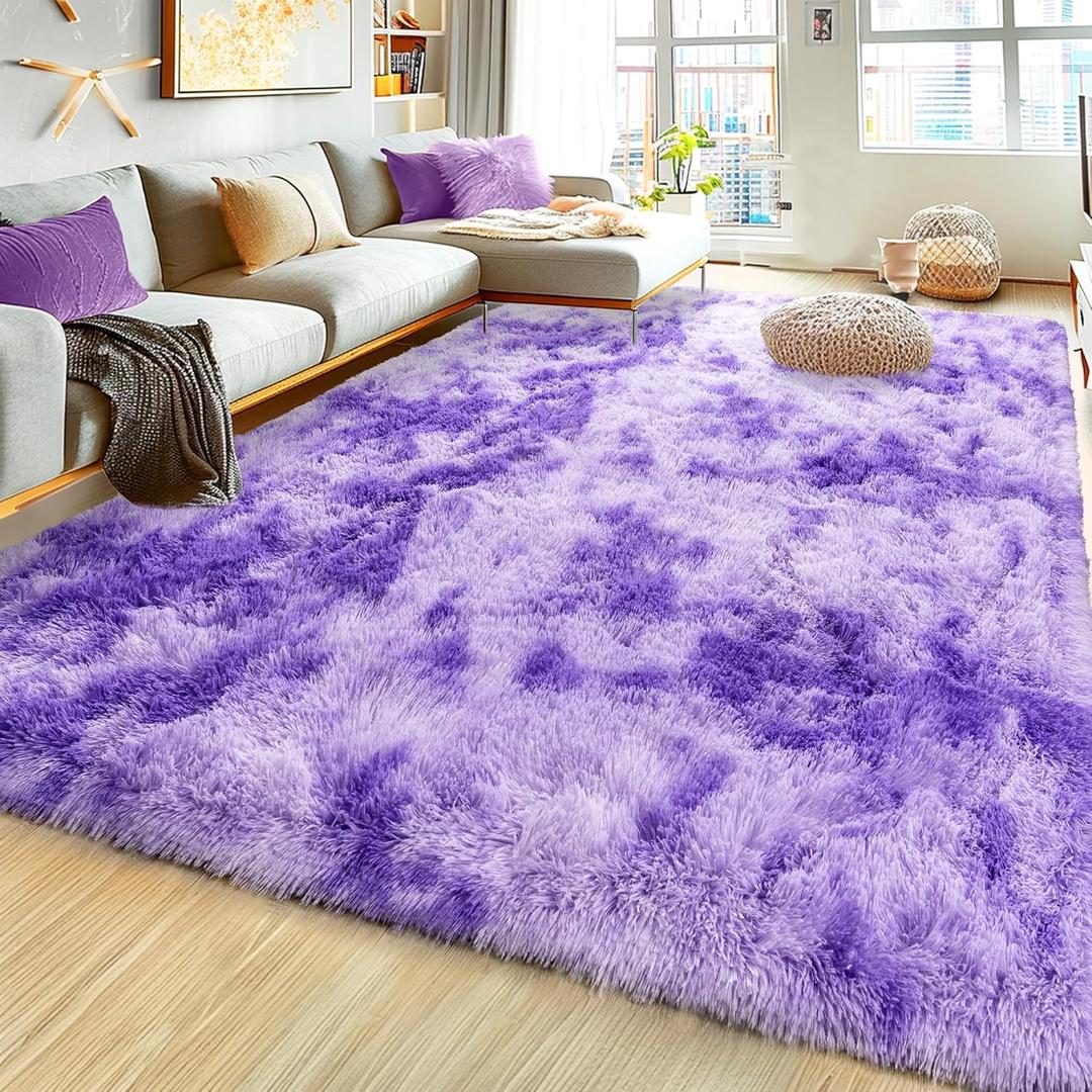 Xexsin Ultra Fluffy Area Rugs for Living Room Bedroom, 6x9 Fuzzy Large Living Room Rugs, Thick Shag Rug for Dorm, Soft Non Slip Kids Girls Boys Rug for Home Decor Aesthetic, Tie-Dyed Purple