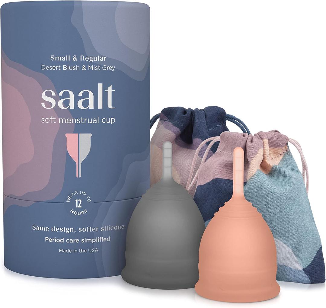 Saalt Soft Menstrual Cup  Reusable Period Cup  Made for Comfortable, Leak-Free Protection Up to 12 Hours  BPA & Latex Free  Includes Cup & Carry Bag (Regular Grey/Small Desert Blush)