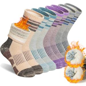 SeeyAN Kids Merino Wool Hiking Socks Boys Girls Thermal Winter Warm Boot Toddlers Thick Cushion Socks 4 Pairs (4 Pairs Grey Stripe B, 8-12 Years)