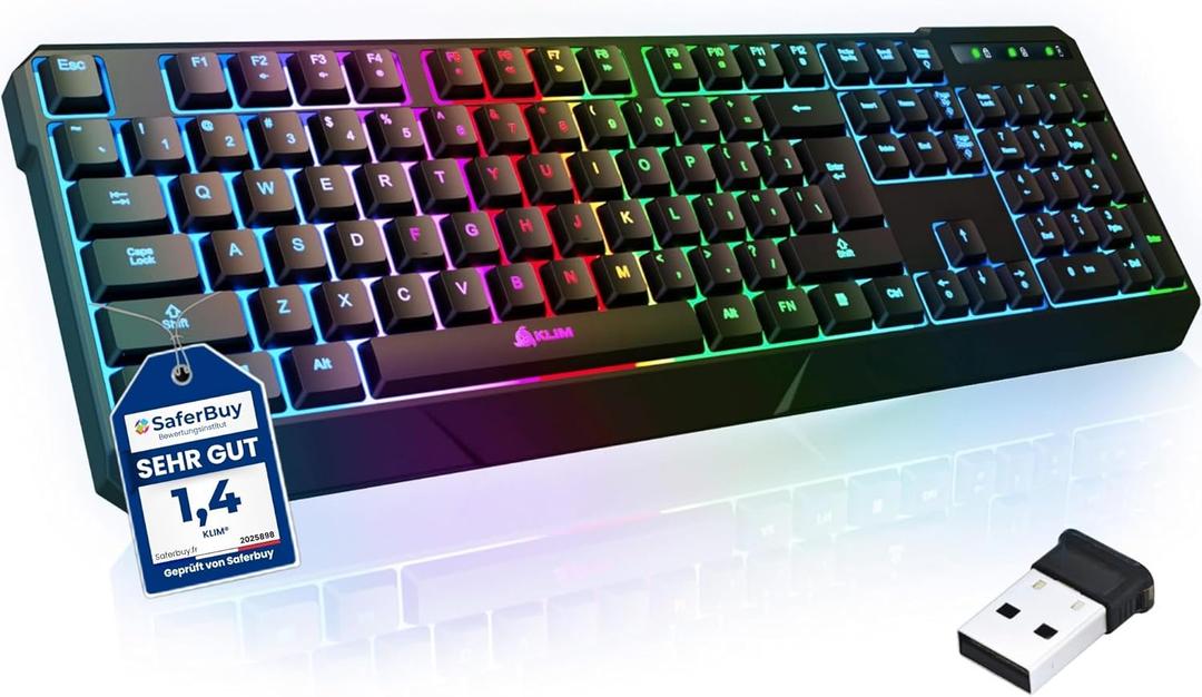 KLIM Chroma Wireless Keyboard  RGB Backlit Gaming, Rechargeable Battery, PC Keyboard, Durable & Water-Resistant, Compatible with PS4, PS5 & Mac - Black