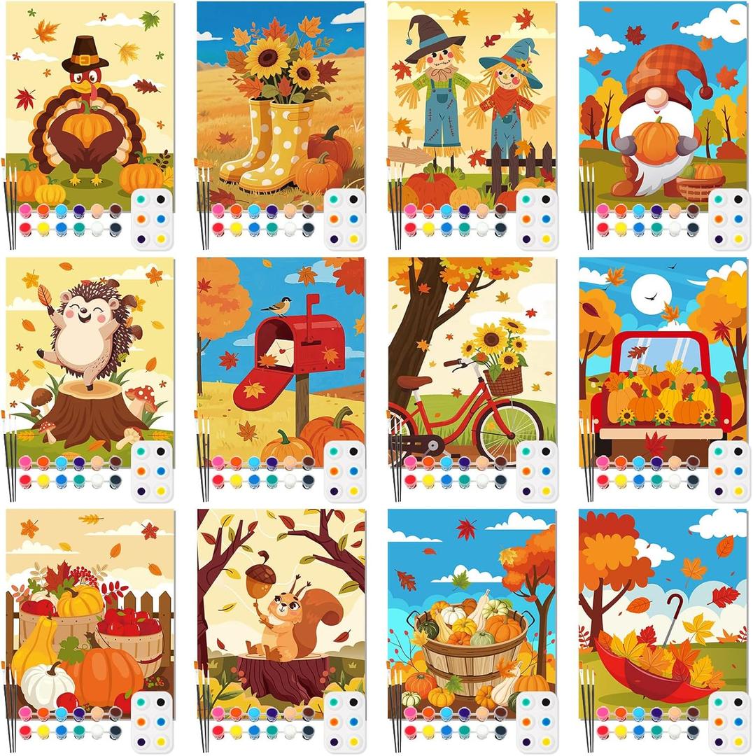 Ctosree 12 Pack Pre Drawn Canvas Kit for Painting Sip and Art Paint Kit for Adults Pre Painted Canvas Party Favors for DIY Holiday Party Date Night Gifts(Autumn Harvest,10 x 8 Inch)