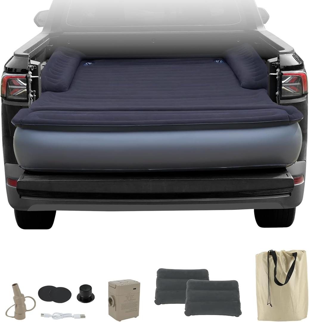 Afurkuot Truck Bed Air Mattress for 5.5FT to 6.5FT with Built-in USB Rechargeable Pump, Pillows, Carry Bag, Full Size, Inflatable Pickup Air Mattress for Truck Bed Camping Backseat Pickups SUV
