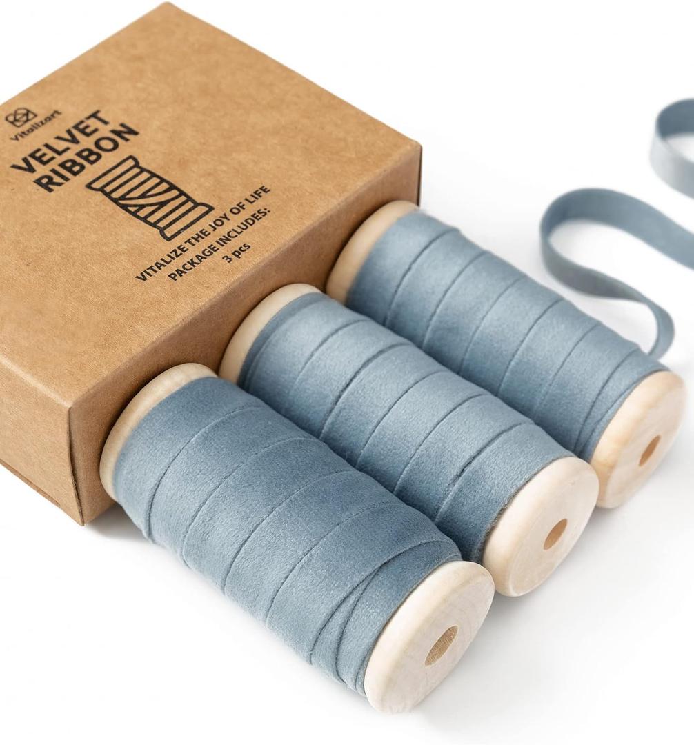 Vitalizart Dusty Blue Velvet Ribbon Set 3/8" x 15 Yd Wooden Spool Fabric Trim 3 Rolls * 5 Yd for Christmas Wreath Decoration Handmade Craft Ornaments Gift Wrapping & Bow Making