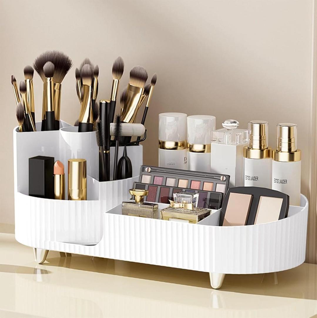 Rotating Makeup Organizer, Large Capacity Cosmetic Display Case, Holds At Least 20 Makeup Brushes/Eyeliners, 10 Lipsticks, 8 Skincare Products, White