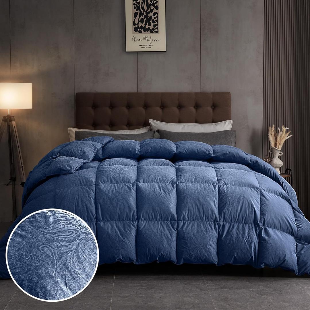 DAICO Goose Feather Down Comforter Oversized Queen Size, All Season Luxury Hotel Fluffy Duvet Insert, Ultra Soft 100% Cotton Shell with 8 Corner Tabs, Paisley Design (98x98'', Navy Blue)