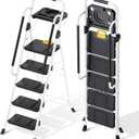 KINGRACK Folding 5-Step Ladder, 800 lbs Capacity Step Stool with Safety Lock, Tool Tray, Non-Skid Wide Steps, Handrail, Household Folding Ladder for Home, Garden, Painting, Outdoor, and Garage, White