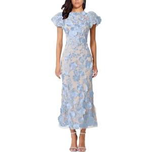 Women's 3D Floral Embroidery Dress Ruffle Sleeve Fishtail Lace Bodycon Party Cocktail Mini Dress Large