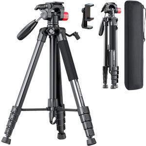 CAMBOFOTO 74"-Camera-Tripod, Porfessional Aluminum Heavy Duty Tripod Stand for Mirrorless Camera/DSLR/Cell Phone/Camcorder, with Holder and Travel Bag, Black 