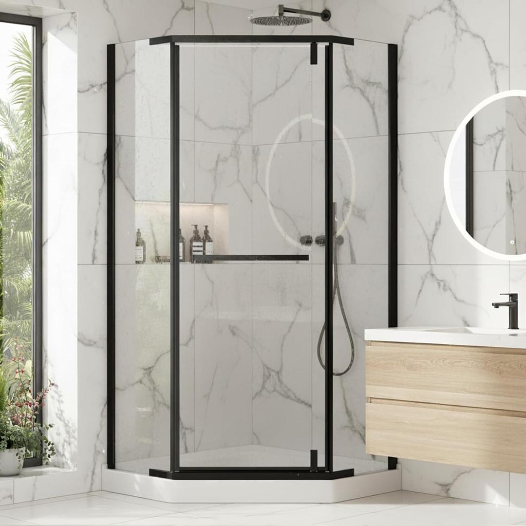 36" W x 72" H Neo-Angle Corner Shower Door, Corner Shower Enclosure, Frameless Pivot Shower Door with 6mm Clear Tempered Glass for Walk-in Showers, Matte Black Aluminum, Base Not Included