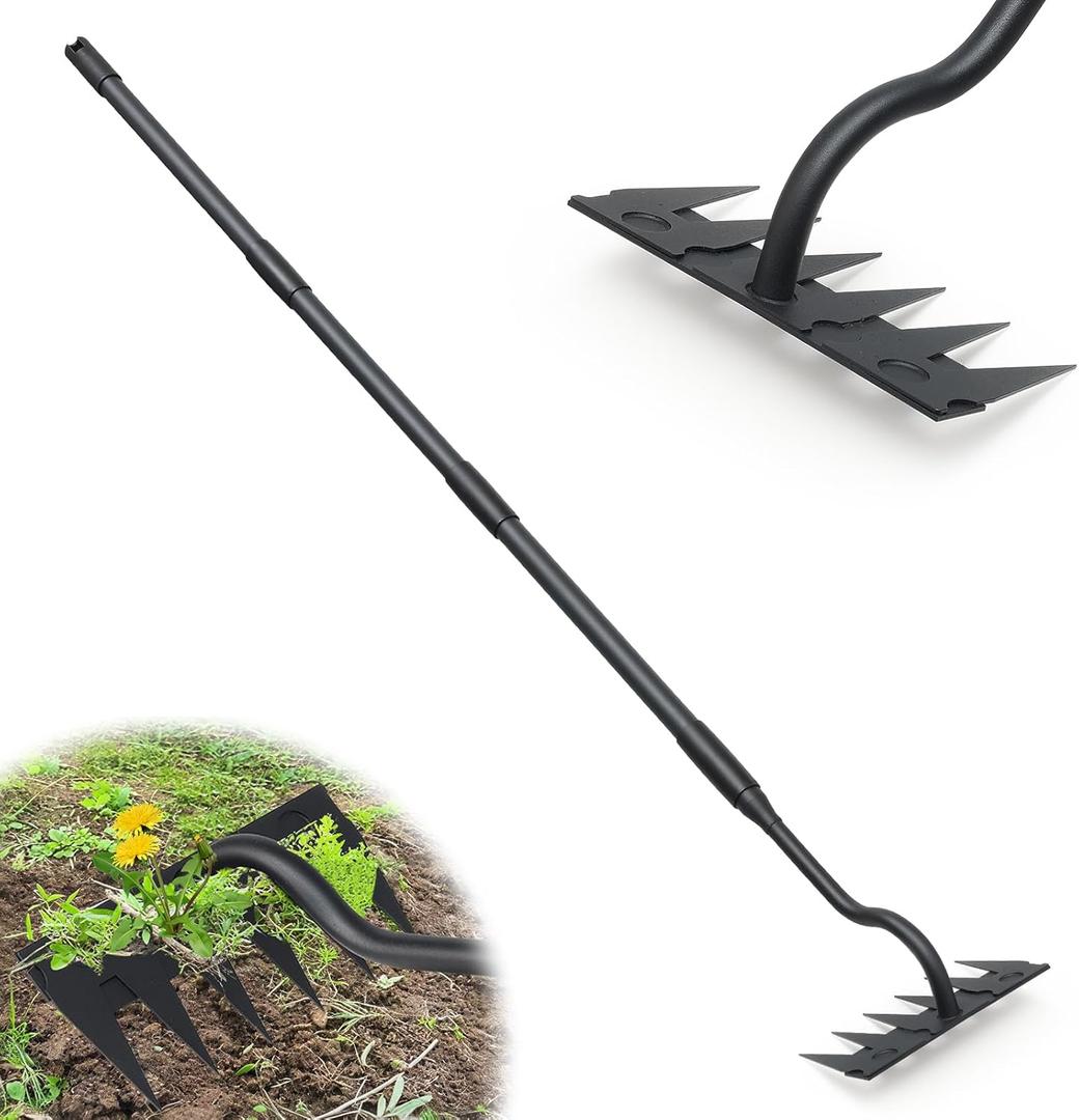 Manual Weeder Tool,6 Tines Garden Weeding Rake with Sharp Blade,55 Inch Long Handle,Heavy Duty Stand Weeding Tool for Weeding Loosening Soil Gathering Leaf Leveling Thatch Rake