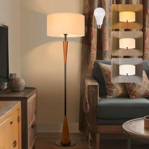 Floor Lamp for Living Room, Wood 3 Color Temperatures & Linen Shade, Modern Reading Standing Lamp with 9W LED Bulb, Mid Century Night Light for Farmhouse, Bedroom, Office (Brown)